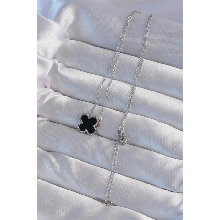 316L Çelik Gümüş Renk Siyah Mineli Yonca Kolye