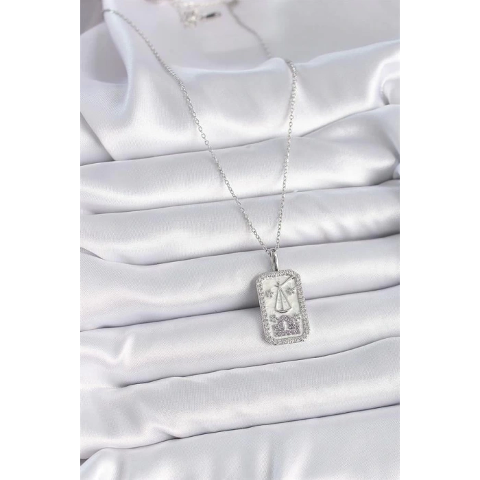 316L Çelik Gümüş Renk Terazi Burcu Zirkon Taşlı Kadın Kolye