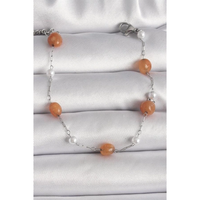 316L Çelik Gümüş Renk Turuncu Doğaltaş Model İnci Detay Kadın Bileklik