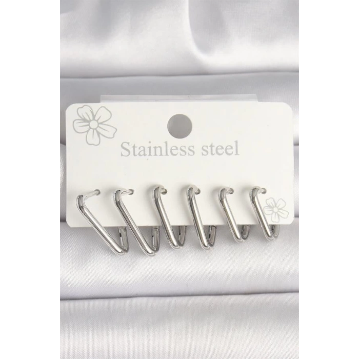 316L Çelik Gümüş Renk Üçgen Model Kadın Küpe Seti