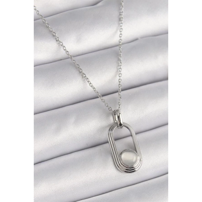 316L Çelik Gümüş Renk Zincir Beyaz Kedi Göz Model Kadın Kolye