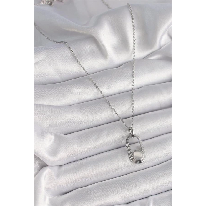 316L Çelik Gümüş Renk Zincir Beyaz Kedi Göz Model Kadın Kolye