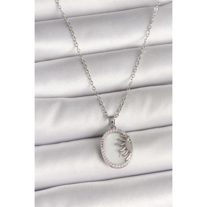 316L Çelik Gümüş Renk Zincir Beyaz Mineli Gün Batımı Model Zirkon Taş Detaylı Kadın Kolye