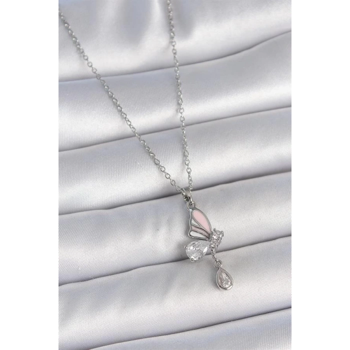 316L Çelik Gümüş Renk Zincir Damla Zirkon Taşlı Kelebek Model Sallantı Detay Kadın Kolye