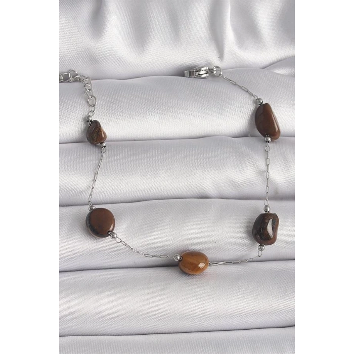 316L Çelik Gümüş Renk Zincir Kahverengi Doğaltaş Model Kadın Bileklik