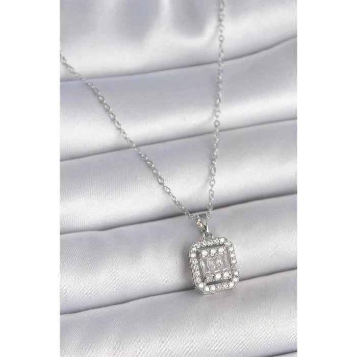 316L Çelik Gümüş Renk Zincir Kare Zirkon Taşlı Kadın Kolye
