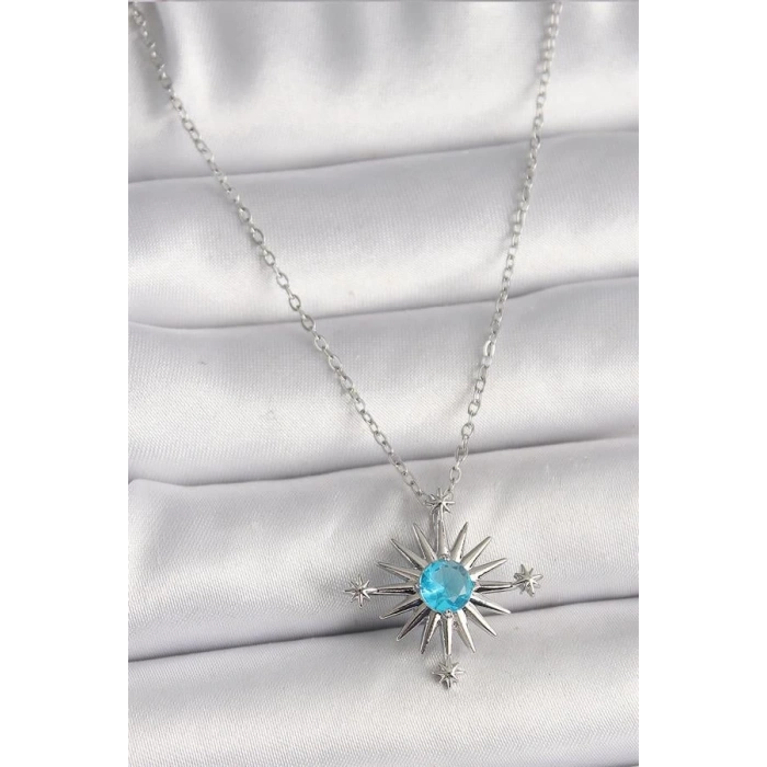 316L Çelik Gümüş Renk Zincir Mavi Taş Detaylı Kuzey Yıldızı Model Kadın Kolye