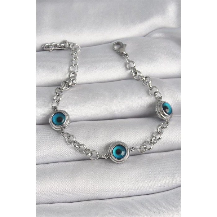 316L Çelik Gümüş Renk Zincir Model Nazar Boncuklu Kadın Bileklik