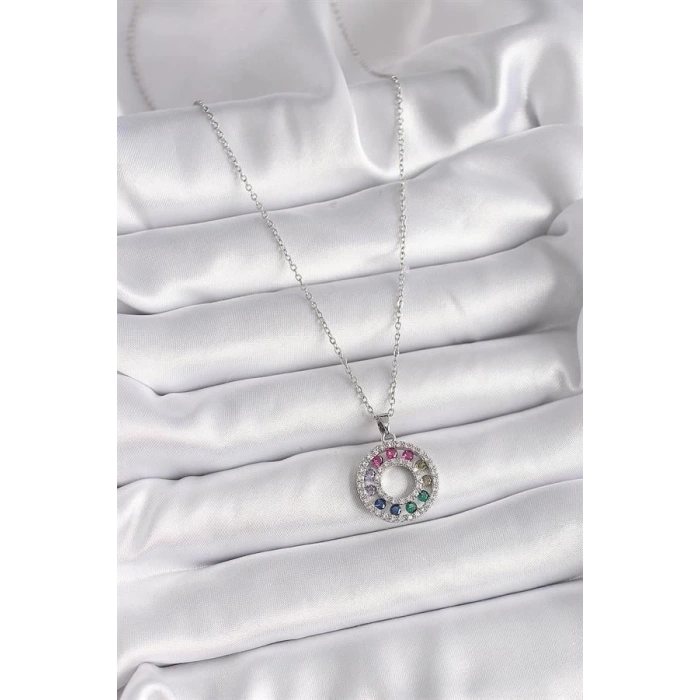 316L Çelik Gümüş Renk Zincir Renkli Zirkon Taşlı Madalyon Model Kadın Kolye