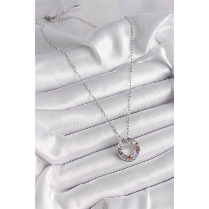 316L Çelik Gümüş Renk Zincir Renkli Zirkon Taşlı Xoxo Model Kadın Kolye