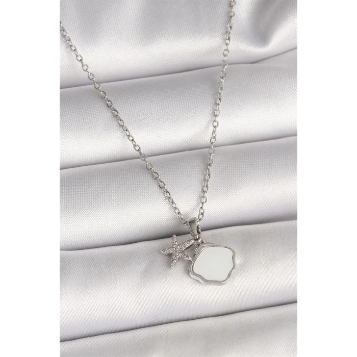 316L Çelik Gümüş Renk Zincir Sallantı Beyaz Mineli Deniz Kabuğu Zirkon Taşlı Deniz Yıldızı Figür Kadın Kolye