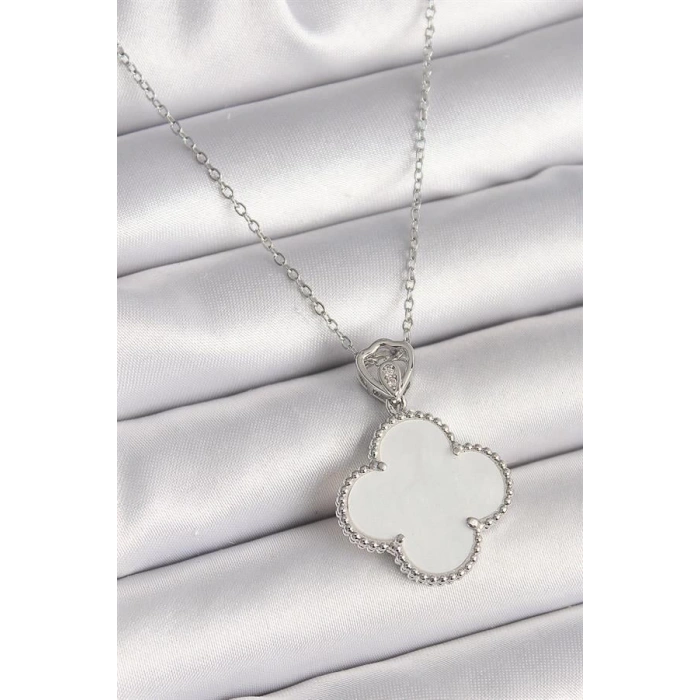 316L Çelik Gümüş Renk Zincir Zirkon Taş Detaylı Beyaz Yonca Model Kadın Kolye