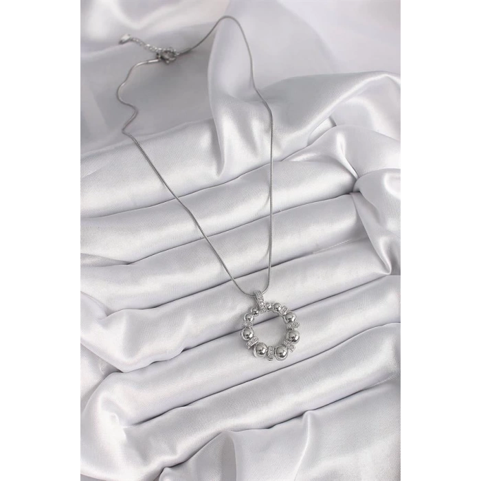 316L Çelik Gümüş Renk Zincir Zirkon Taş Detaylı Bombeli Halka Model Kadın Kolye