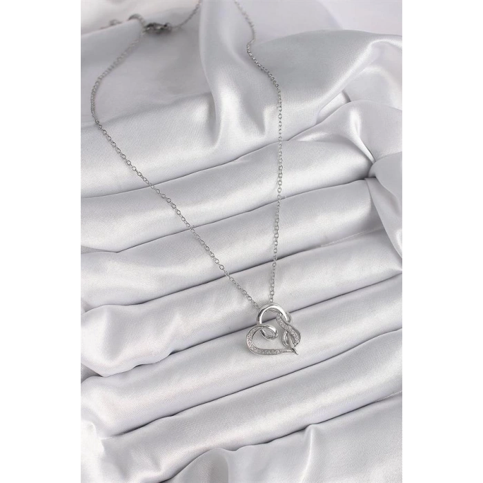 316L Çelik Gümüş Renk Zincir Zirkon Taş Detaylı Kalp Model Sonsuzluk Detay Kadın Kolye
