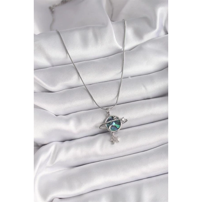 316L Çelik Gümüş Renk Zincir Zirkon Taşlı Gezegen Model Kadın Kolye