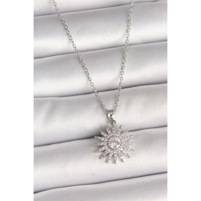 316L Çelik Gümüş Renk Zincir Zirkon Taşlı Güneş Model Kadın Kolye