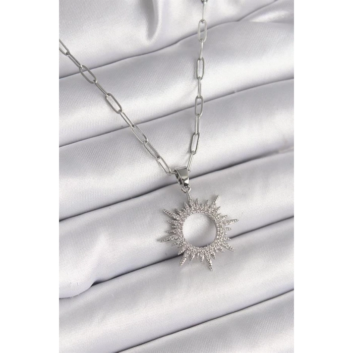 316L Çelik Gümüş Renk Zincir Zirkon Taşlı Güneş Model Kadın Kolye