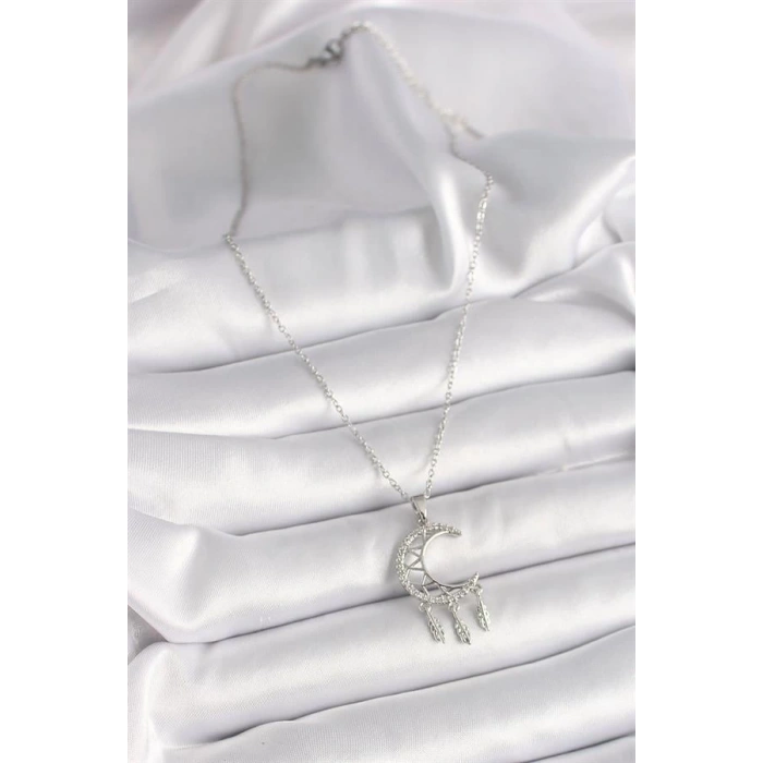 316L Çelik Gümüş Renk Zincir Zirkon Taşlı Hilal Model Sallantı Yaprak Detay Kadın Kolye