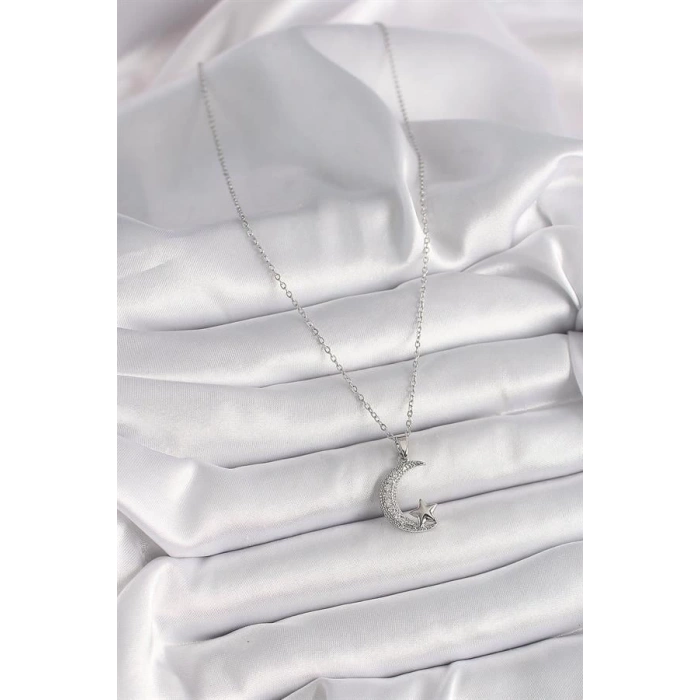 316L Çelik Gümüş Renk Zincir Zirkon Taşlı Hilal Model Yıldız Detay Kadın Kolye