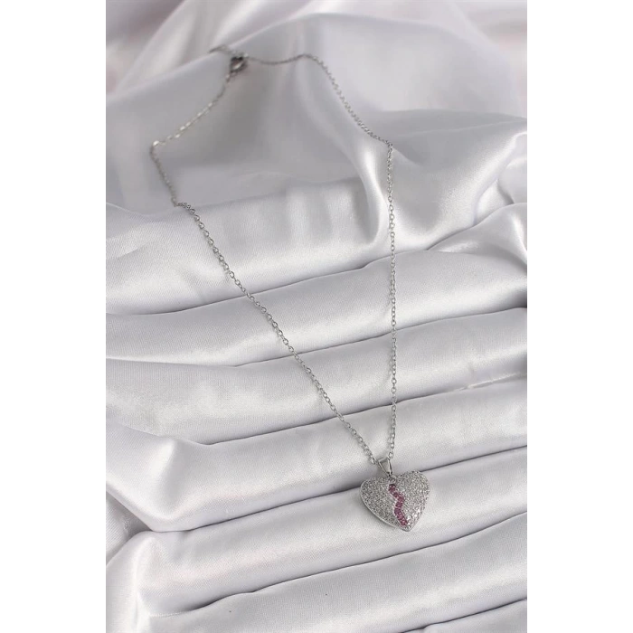 316L Çelik Gümüş Renk Zincir Zirkon Taşlı Kalp Model Kadın Kolye
