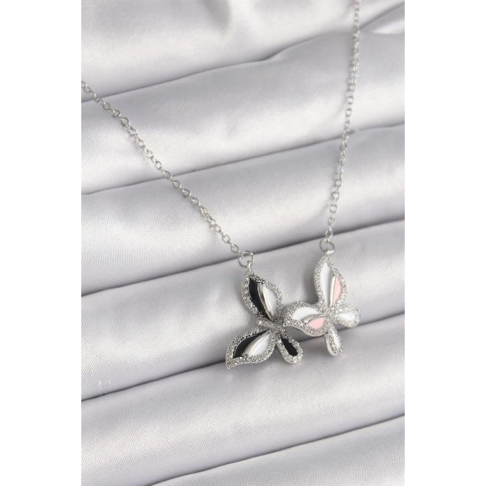 316L Çelik Gümüş Renk Zincir Zirkon Taşlı Renkli Kelebek Model Kadın Kolye