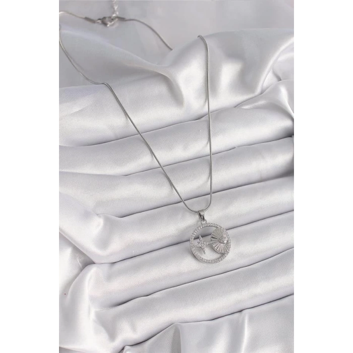 316L Çelik Gümüş Renk Zincir Zirkon Taşlı Yıldız Madalyon Model Kadın Kolye