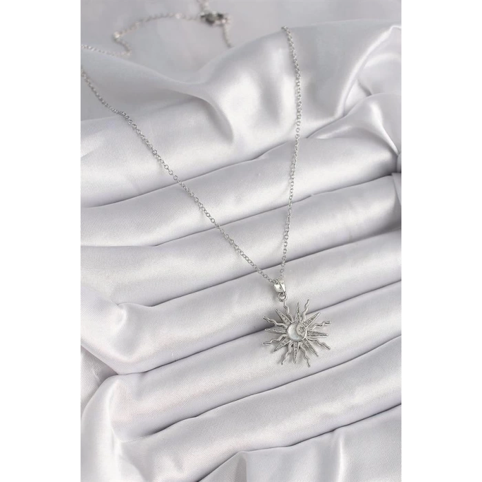 316L Çelik Gümüş Renk Zincir Zirkon Taşlı Yıldız Model Sedefli Ay İşleme Detay Kadın Kolye