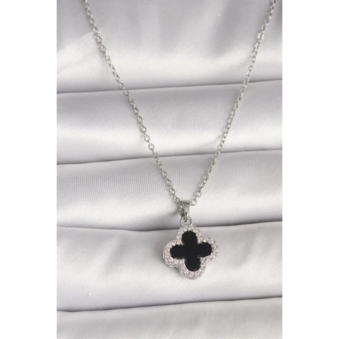 316L Çelik Gümüş Renk Zincir Zirkon Taşlı Yonca Model Kadın Kolye