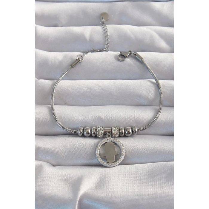 316L Çelik Gümüş Renk Zirkon Taş Aksesuarlı Fatma Ana Eli Bileklik