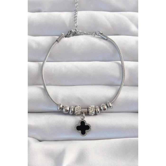 316L Çelik Gümüş Renk Zirkon Taş Aksesuarlı Siyah Mineli Yonca Bileklik