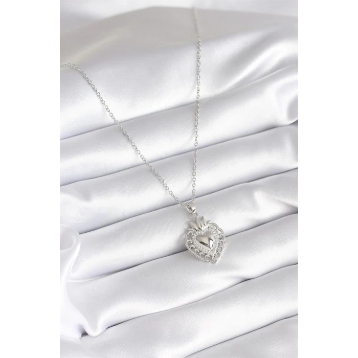 316L Çelik Gümüş Renk Zirkon Taş Detay Taç Kalp Model Kadın Kolye