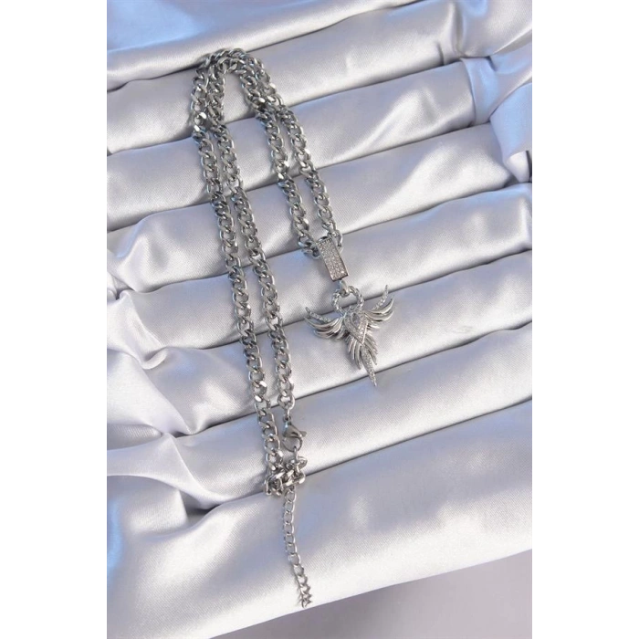 316L Çelik Gümüş Renk Zirkon Taşlı Anka Kuşu Model Kolye