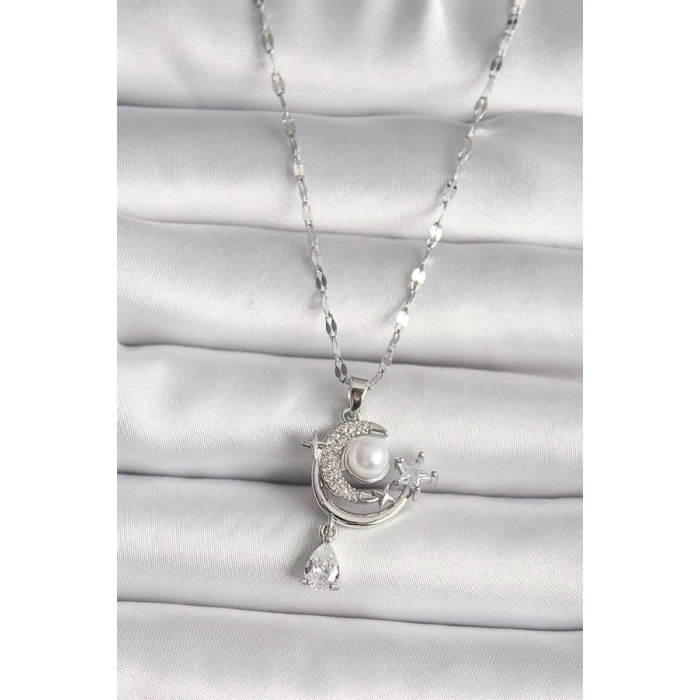 316L Çelik Gümüş Renk Zirkon Taşlı Ay Yıldız Sallantı Detay Kadın Kolye