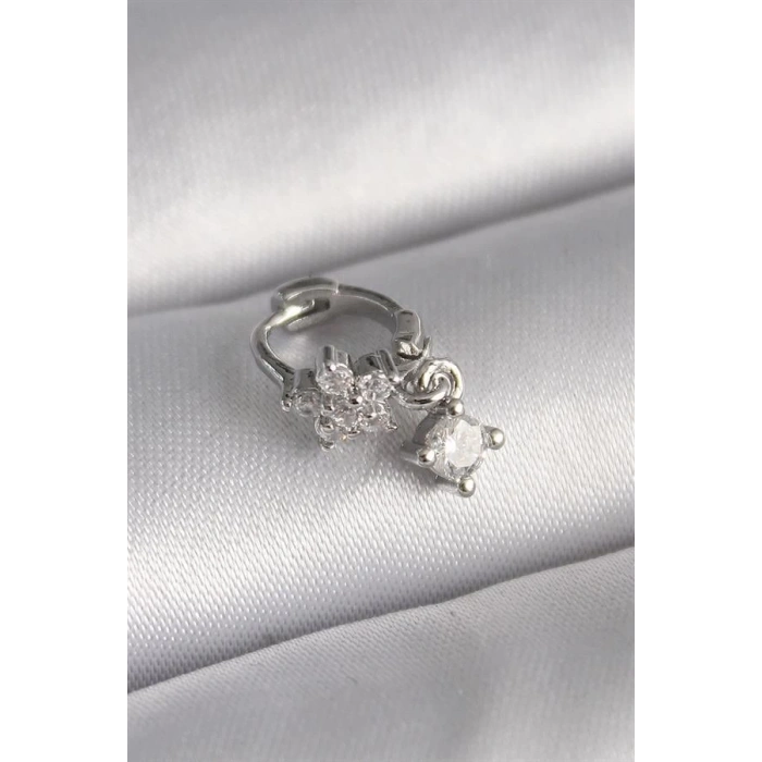 316L Çelik Gümüş Renk Zirkon Taşlı Çiçek Model Sallantı Detay Tragus Piercing