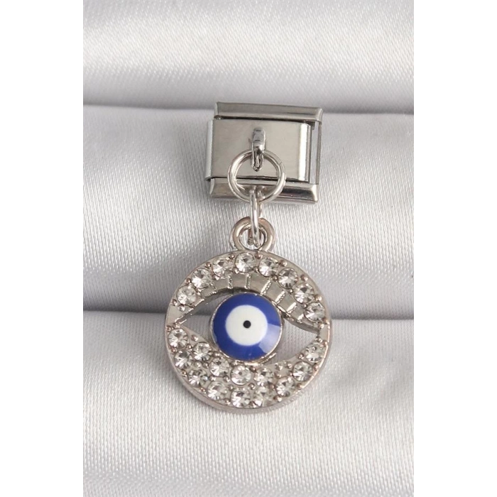 316L Çelik Gümüş Renk Zirkon Taşlı Göz Model Nazar Boncuk Detay Nomination Charm
