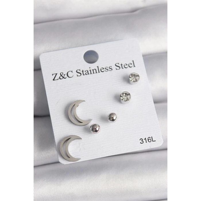 316L Çelik Gümüş Renk Zirkon Taşlı Hilal Model Kadın Küpe Seti