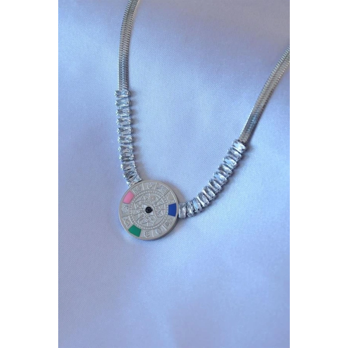 316L Çelik Gümüş Renk Zirkon Taşlı İtalyan Zincir Burç İşeleme Madalyon Model Kadın Kolye