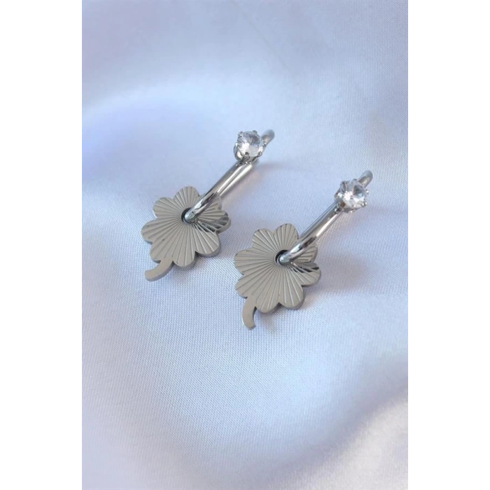 316L Çelik Gümüş Renk Zirkon Taşlı Kadın Göçmen Küpesi