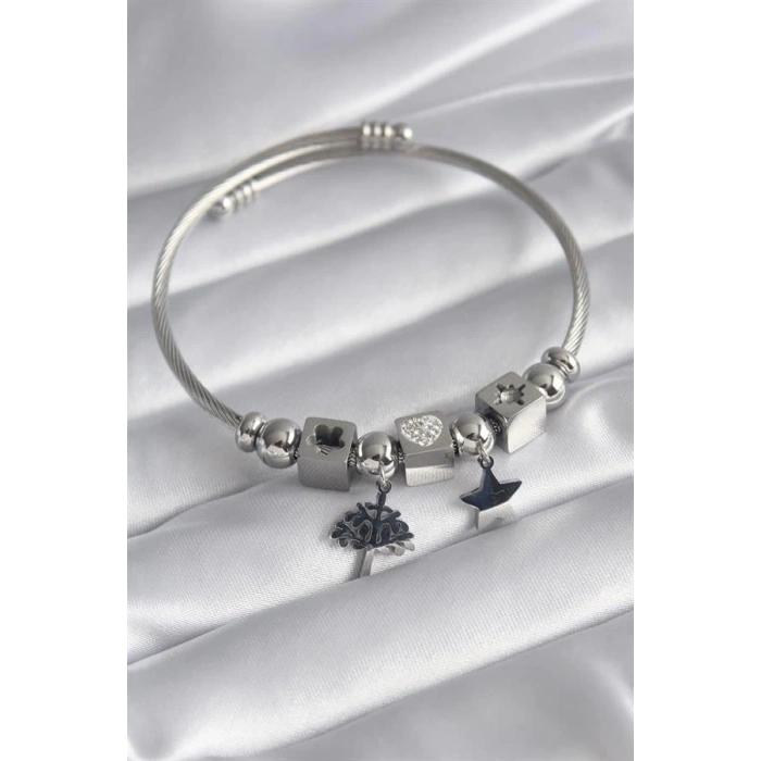 316L Çelik Gümüş Renk Zirkon Taşlı Kalp Detay Yaşam Ağacı Figür Charm Model Kadın Bileklik