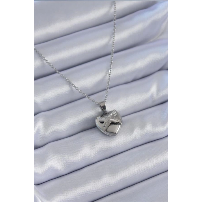 316L Çelik Gümüş Renk Zirkon Taşlı Kalp Model Kadın Kolye