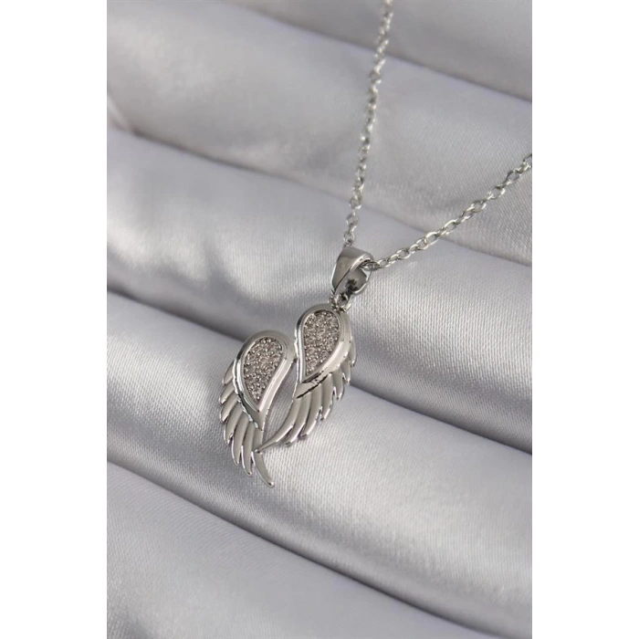 316L Çelik Gümüş Renk Zirkon Taşlı Kanat Model Kadın Kolye
