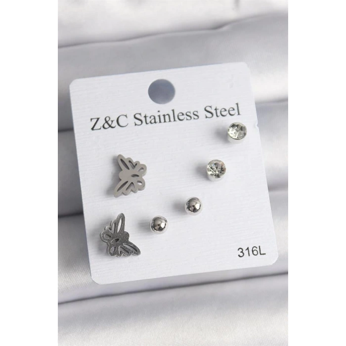 316L Çelik Gümüş Renk Zirkon Taşlı Kelebek Model Kadın Küpe Seti