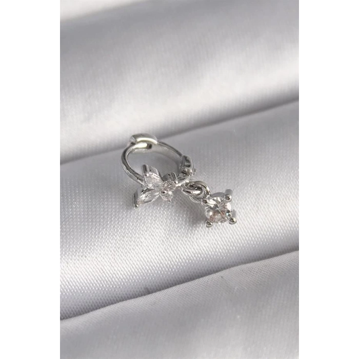 316L Çelik Gümüş Renk Zirkon Taşlı Kelebek Model Sallantı Detay Tragus Piercing