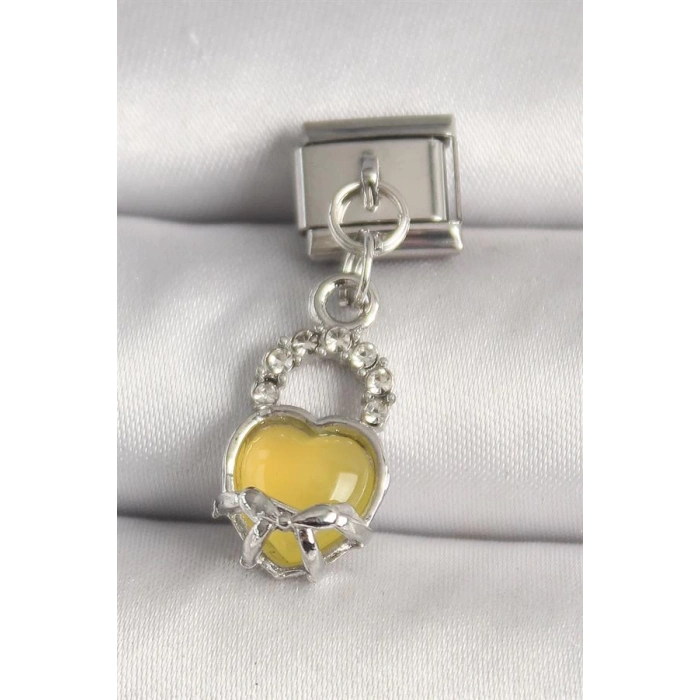 316L Çelik Gümüş Renk Zirkon Taşlı Sarı Kilit Kalp Model Nomination Charm