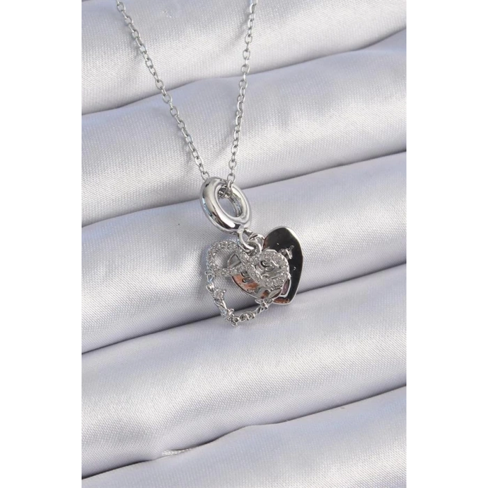 316L Çelik Gümüş Renk Zirkon Taşlı Sonsuzluk Kalp Figür Charm Model Kadın Kolye