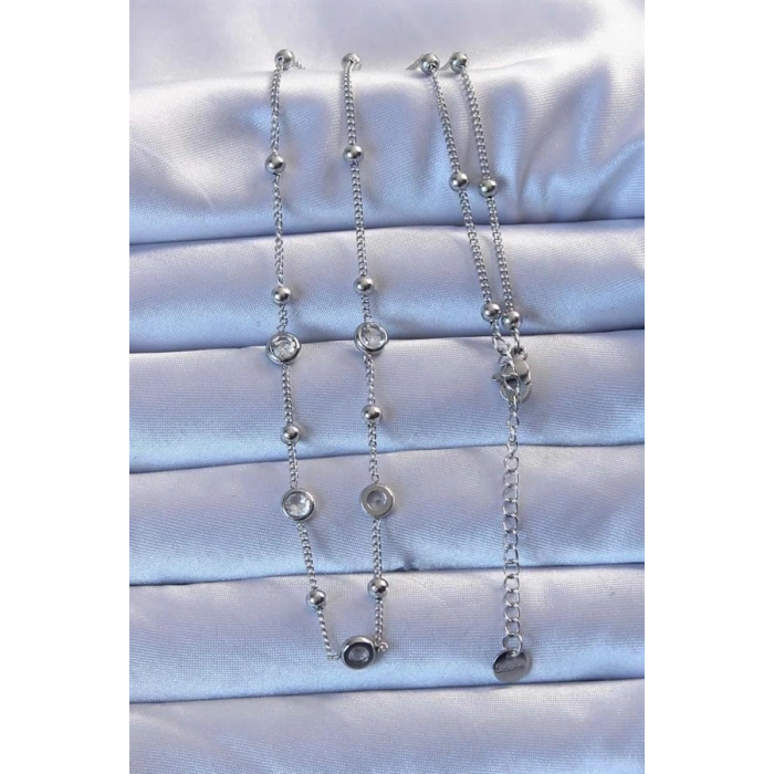 316L Çelik Gümüş Renk Zirkon Taşlı Top Zincirli Kolye