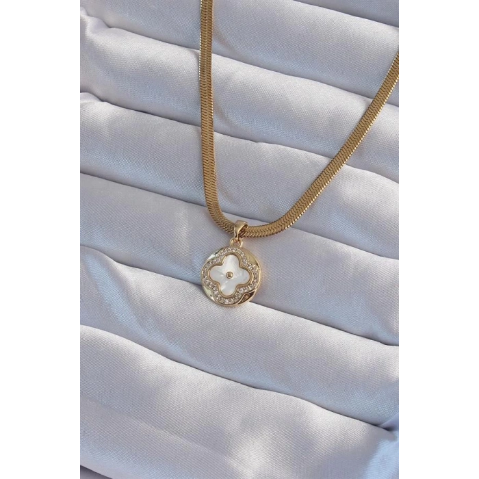 316L Çelik İtalyan Zincirli Gold Renk Zirkon Taşlı Sedefli Yonca Model Kolye