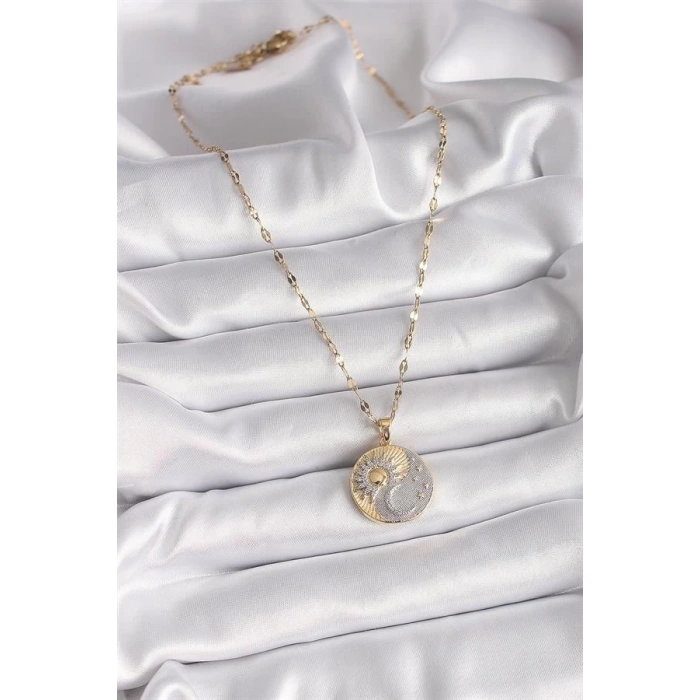 316L Çelik Mix Renk Zincir Zirkon Taşlı Gün Doğumu/Batımı Madalyon Model Kadın Kolye