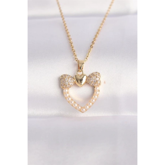 316L Çelik Zincir Altın Renk İnci Taş Detay Zirkon Taşlı Kalp Kolye