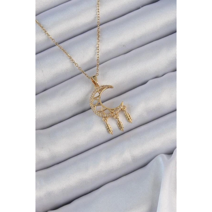 316L Çelik Zincir Altın Renk İşlemeli Zirkon Taşlı Ay Kolye